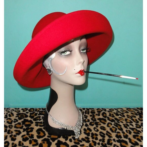 Vintage Scala Red Wool Cloche Hat w/ Feathers upturn brim church hat pinup retro main image 11